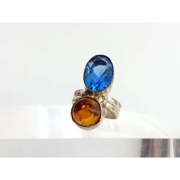 Blue Topaz Baltic Ambe Gemstone Modernist Sterling Silver Vintage Ring sz 5.75 - Picture 4 of 10